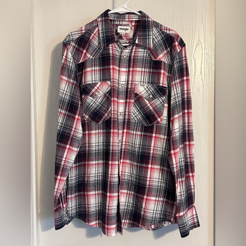 Wrangler | Men's Red, Black, and White Plaid Shirt | Size Medium